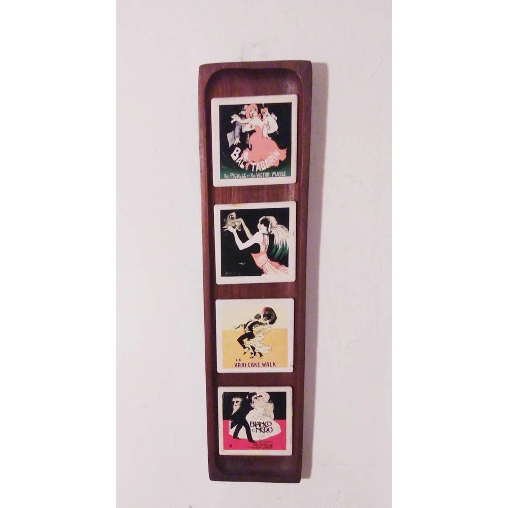 Teak Wall Tray Four French Advertising Art Tiles